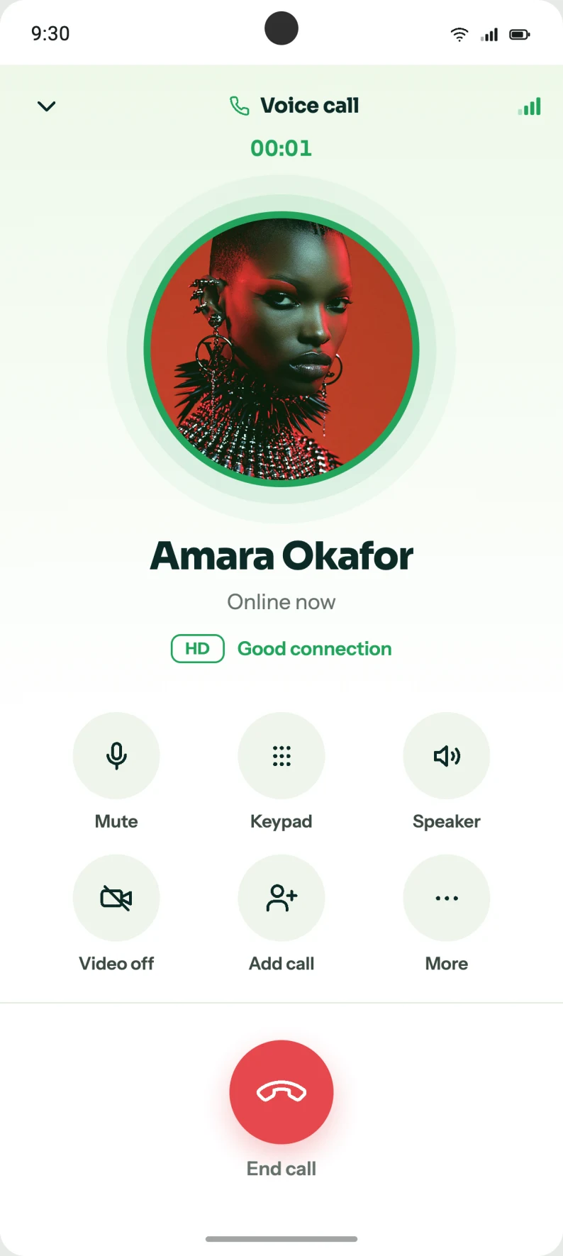 Afrik Planet voice call screen with HD connection and call controls