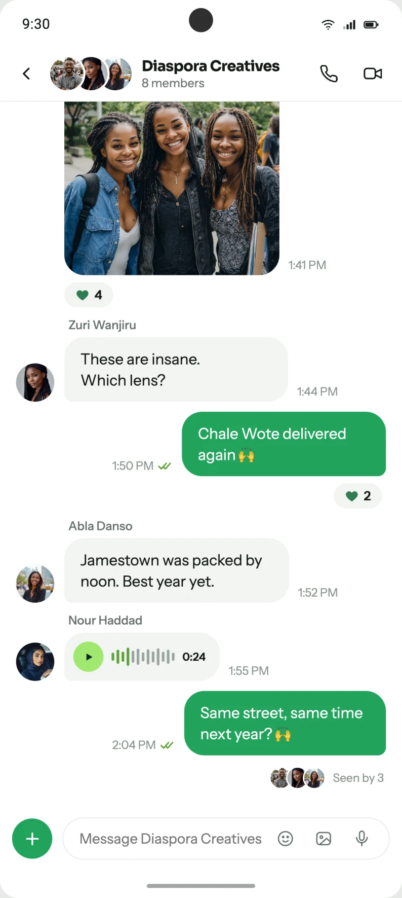 Afrik Planet group chat with photos, voice notes, and reactions